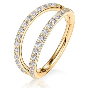 Gold G23 titanium double hoop ring with pave white cubic zirconia for nose and ear piercing