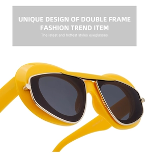 Detailed close-up of bright yellow double-frame cat-eye sunglasses with dark grey lenses