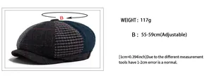 Size chart for wool newsboy hat showing adjustable 55-59cm head circumference measurements