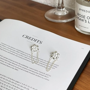 925 silver flower drop earrings with sparkling zircon and delicate tassel chain