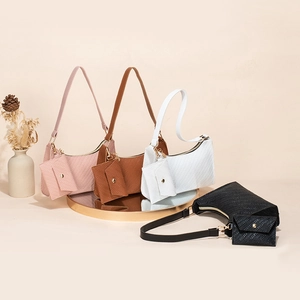 Women Underarm Hobo Bag PU Leather Embossed Woven Texture With Detachable Pouch Gold Hardware Zipper Closure Daily Casual