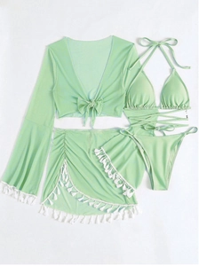 Details des 4-teiligen mintgrünen Bikini-Sets mit Mesh-Cover-up und Quasten-Rock