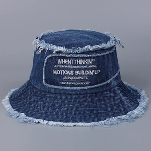 Cappello Bucket In Denim Lavato Bordi Sfilacciati E Ricamo Lettere Streetwear Retro Casual Per Uomo E Donna