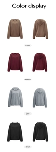 Color display of long sleeve hooded sweatshirts in coffee, wine red, gray, and black