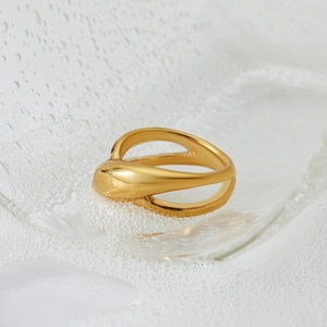 Polished gold geometric criss-cross ring with unique fluid waterdrop metal design
