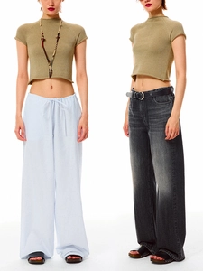 Olive green knit cropped tee paired with wide-leg pants in light blue and washed grey
