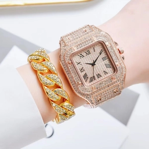 Close-up of rose gold square diamond watch and crystal Cuban link bracelet set