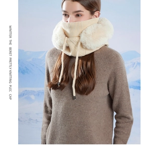 Winter knitted hood with plush earmuffs and adjustable drawstring for cold protection