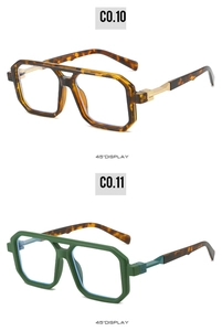 Detail view showing 45-degree angles of tortoise shell and green square pilot frames