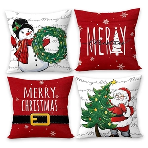 Set of 4 Christmas throw pillow covers with snowman, Santa, and Merry Christmas prints
