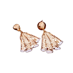 18K gold plated hollow mesh earrings with white pearl accents on white background