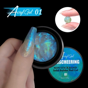 Detail showing non-stick solid builder nail gel with aurora teal shimmer effect