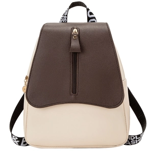 Minimalist bicolor backpack in brown and off-white PU leather with letter straps