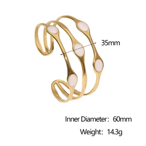 18k gold plated stainless steel multi-layer open cuff bracelet with white enamel inlays