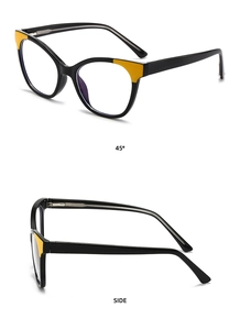 Detailed 45-degree and side view of black and yellow cat-eye anti-blue light glasses