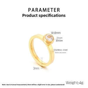 Détails de bague en acier doré avec pierre zircon 8mm et dimensions précises du produit