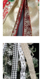 Detailed view of Christmas ribbons with festive truck prints and glitter wired edges