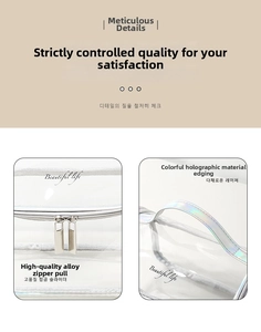 Close-up of silver alloy zipper and iridescent laser edge on transparent PVC toiletry bag