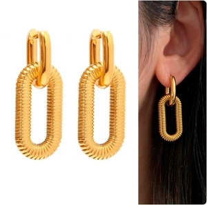Modern 18K gold plated stainless steel rectangle hoop earrings with ribbed texture
