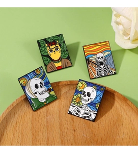 Artistic enamel pins featuring Van Gogh and Munch masterpieces with cat and skull elements