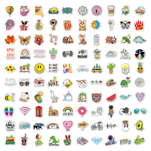 Flat lay of 100 VSCO vinyl stickers with waterproof nature and animal patterns