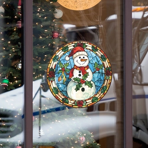 Stained glass style Christmas snowman window decal with festive holly and berry border