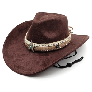 Brown faux suede western cowboy hat with star buckle and windproof chin strap