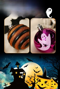 Detail of glittered striped and purple ghost printed Halloween ornament balls