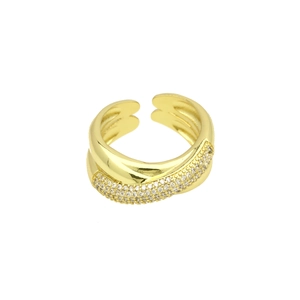 Detail of 18k gold plated open ring with double layers and shimmering zircon pavé