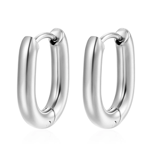 Polished silver oval hoop earrings in stainless steel with a sleek geometric design