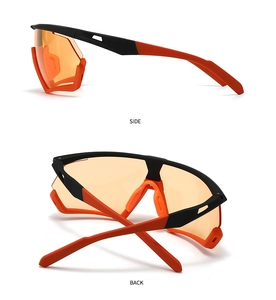 Detail view showing side and back angles of black and red cycling sunglasses with orange lens