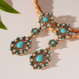 Vintage Bohemian Drop Earrings Alloy Turquoise Faux Artificial Pearl 925 Sterling Silver Earring Post Ethnic Style Women