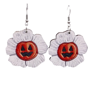 Halloween pumpkin face and white flower wooden drop earrings with metal hooks