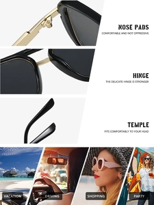 Detail of metal nose pads and golden hinges on classic black square sunglasses