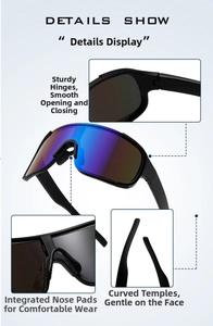 Detail view of sports sunglasses showing sturdy hinges, nose pads, and curved temples