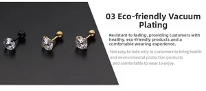 Detail of vacuum plated round zircon earrings in black gold and rose gold finishes