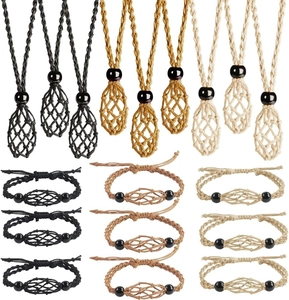 Detailed collection of handmade woven stone cage necklaces and adjustable bracelets in 3 colors