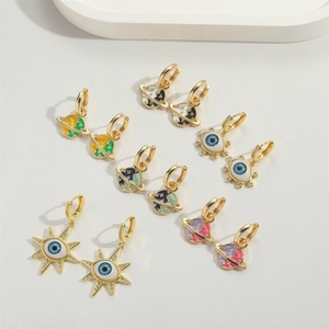 Vintage planet and evil eye earrings with gold plating and colorful zircon accents