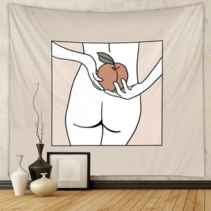 Detail showing minimalist line art on bohemian tapestry with female abstract drawing
