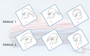 Guide showing two methods to wear the microfiber hair drying towel turban with steps