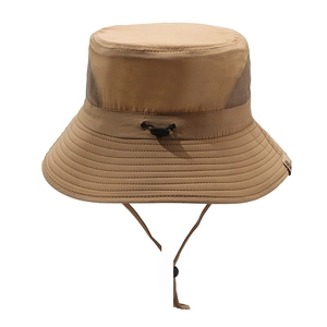 Khaki outdoor sun hat with wide brim, breathable mesh panels and adjustable drawstring