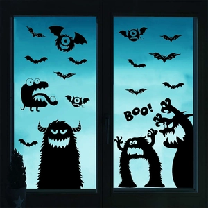 Halloween static window clings set featuring black monster silhouettes and boo text