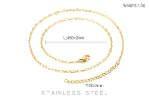 Details van gouden roestvrijstalen ketting met afmetingen 450x2mm en gewicht van 1,5g
