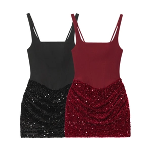 Women Sequined Mini Dress Backless Criss Cross Lace Up Bodycon Spaghetti Strap Party Club Night Out