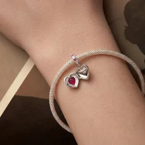 S925 silver mesh bracelet with openable Forever Love heart locket and red gemstone