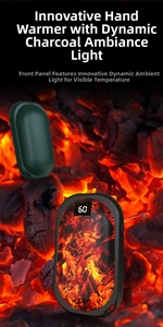 Close-up of digital hand warmer with LED display and dynamic lighting over charcoal
