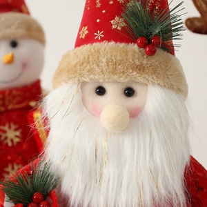 Plush Christmas Santa and Snowman dolls with golden snowflakes and red sequins ornaments