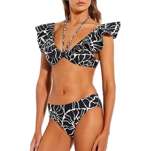Sexy black and white floral ruffle bikini set with high waist bottom and halter top design