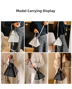 Lifestyle shots showing triangle sparkling rhinestone crossbody bag in black and white