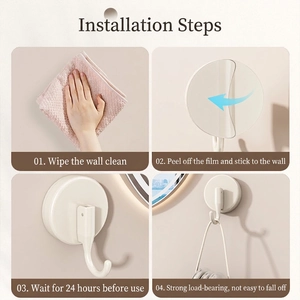 Strong suction cup wall hook in cream white with four-step installation guide